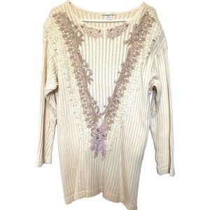 Mexico Vintage Beaded Silk Embroidery and Lace Adorned Sweater Cotton Blend 90s